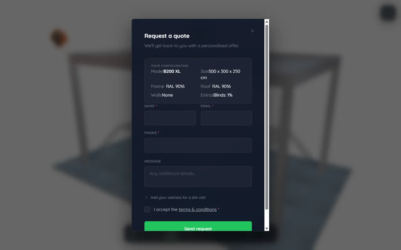 The quote request form with the full product configuration summary and contact fields