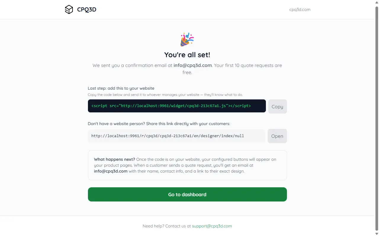 Completion screen with widget code and configurator URL