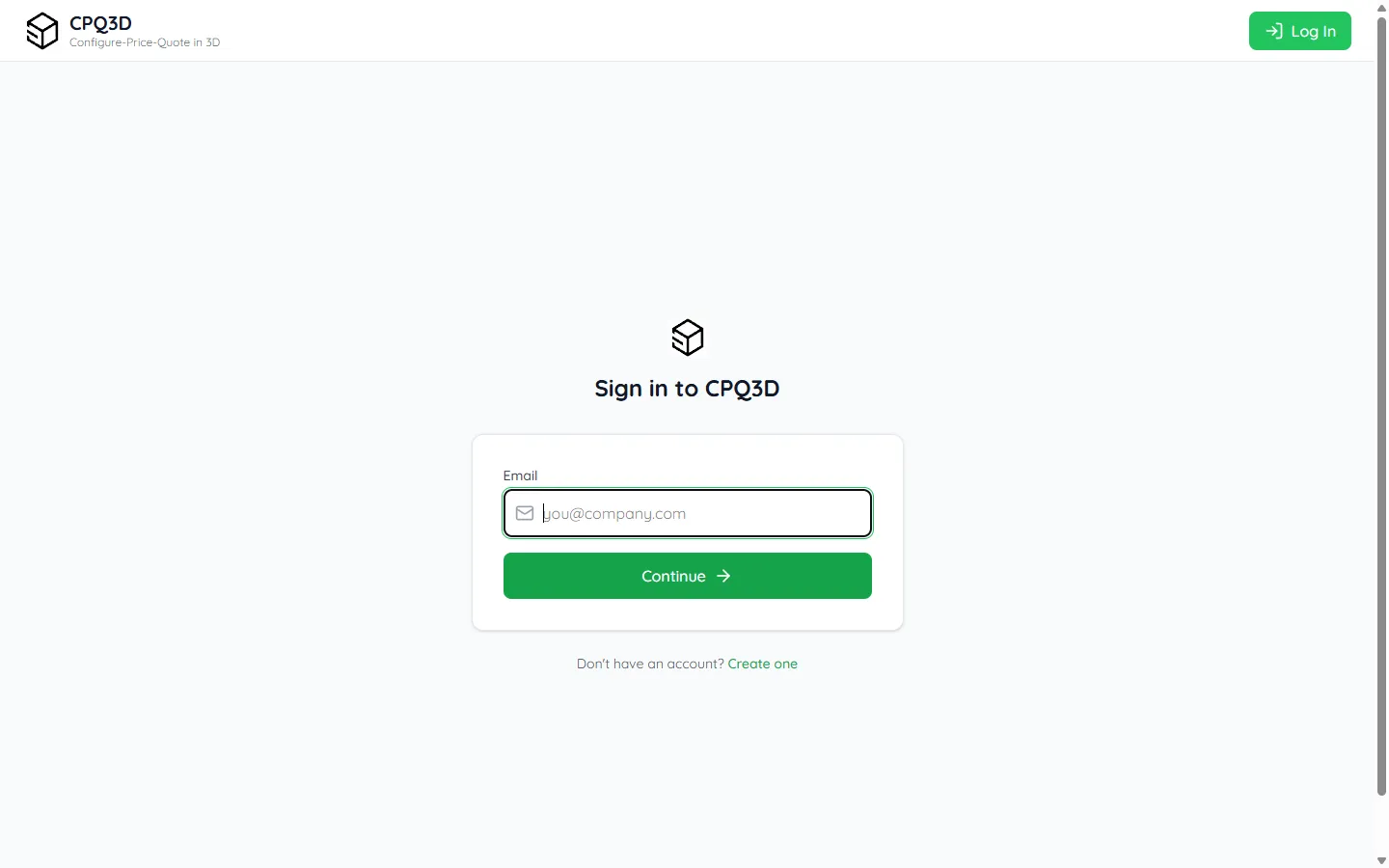 CPQ3D login page with email field and Continue button